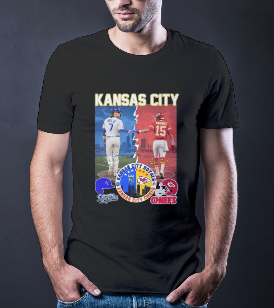 Kansas City Royals Bobby Witt Jr And Chiefs Patrick Mahomes Skyline Logos And Signatures T-Shirt