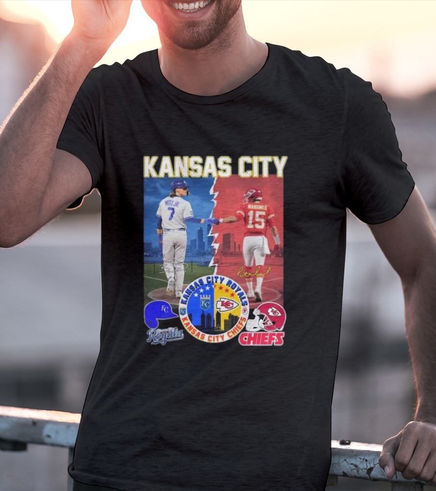 Kansas City Royals Bobby Witt Jr And Chiefs Patrick Mahomes Skyline Logos And Signatures T-Shirt