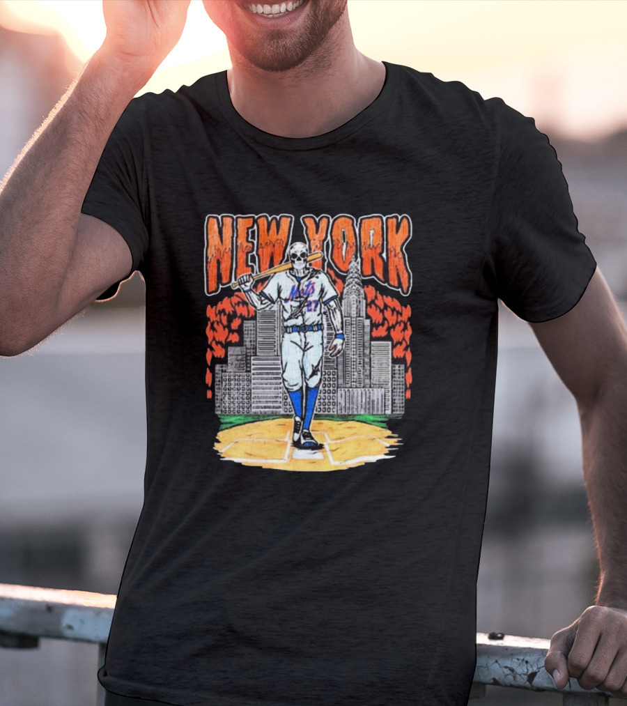 Reed Garrett New York Mets MLB Painting Skeleton Batter City Skyline T-Shirt