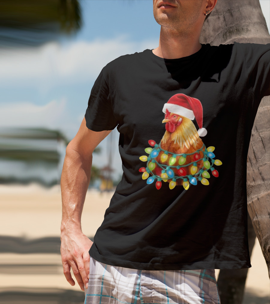 Santa Chicken Christmas Lights Festive Hilarious T-Shirt