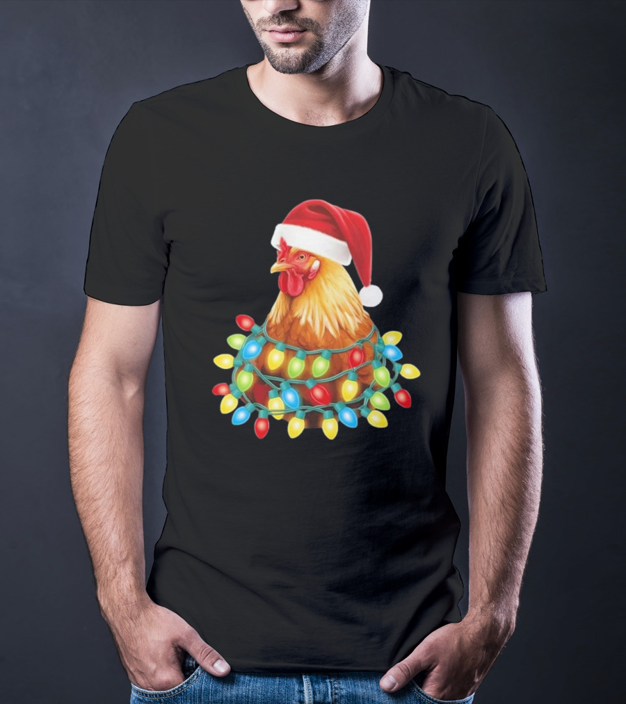Santa Chicken Christmas Lights Festive Hilarious T-Shirt