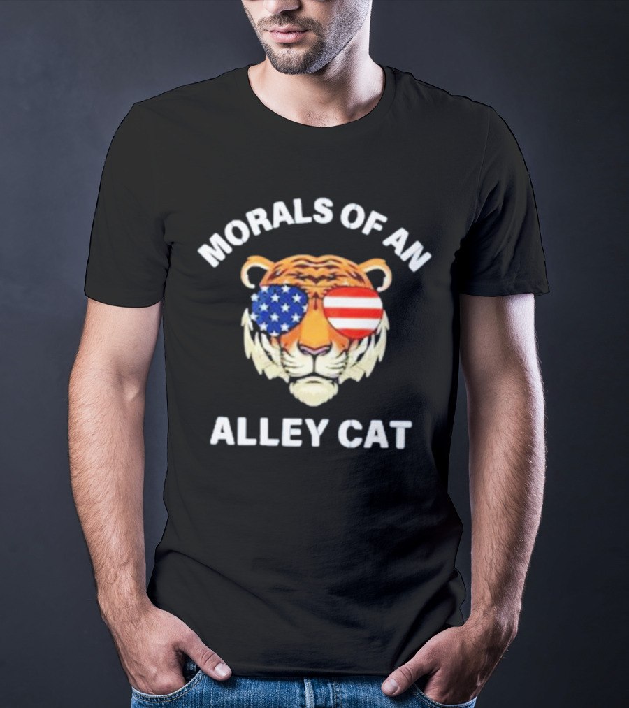 Morals Of An Alley Cat Tiger With American Flag Sunglasses T-Shirt