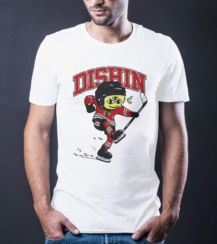 Chicago Blackhawks Just Dishin Hockey Player Cartoon Character Skating T-Shirt
