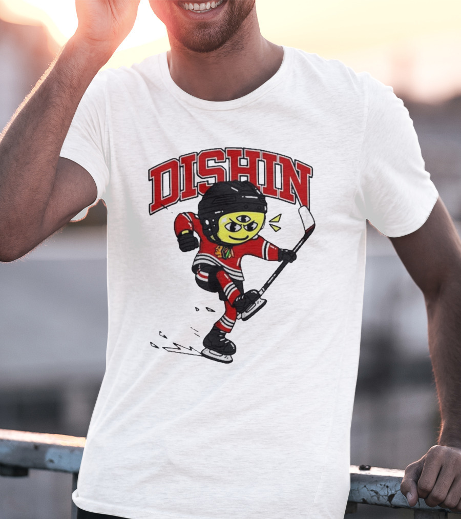 Chicago Blackhawks Just Dishin Hockey Player Cartoon Character Skating T-Shirt
