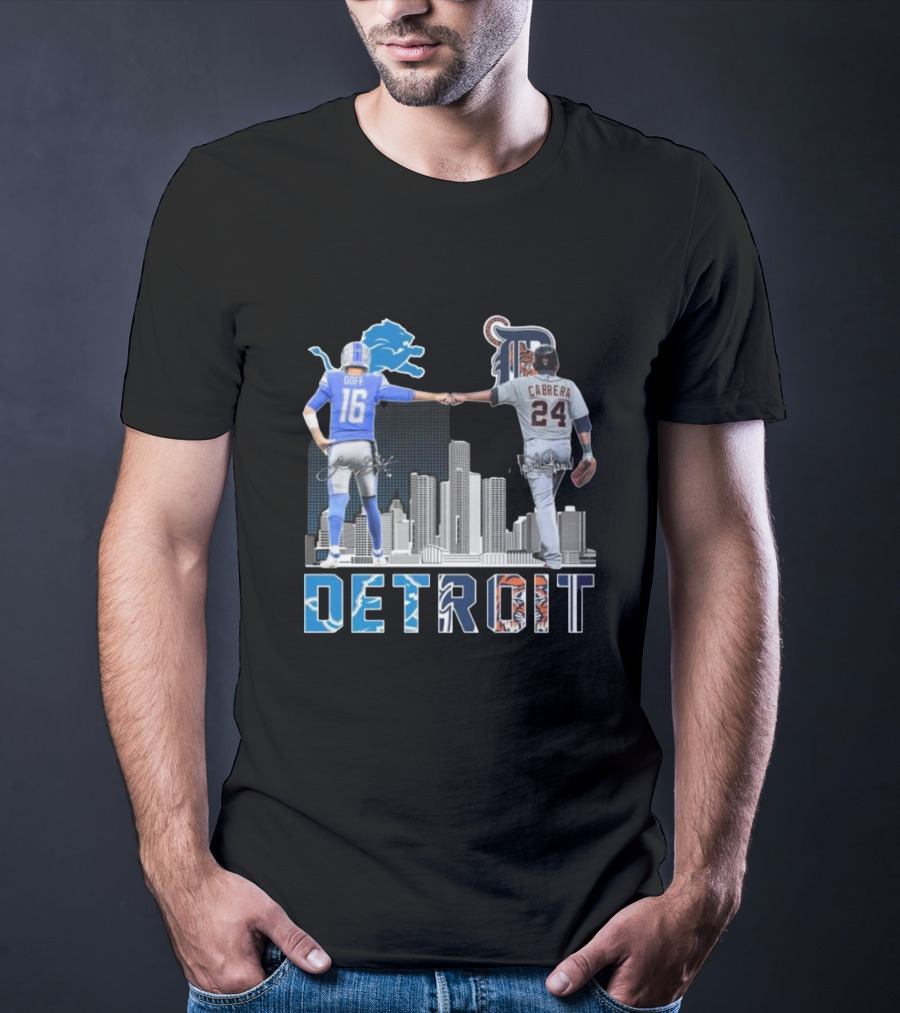 Detroit Lions Goff Tigers Cabrera Signatures Skyline T-Shirt