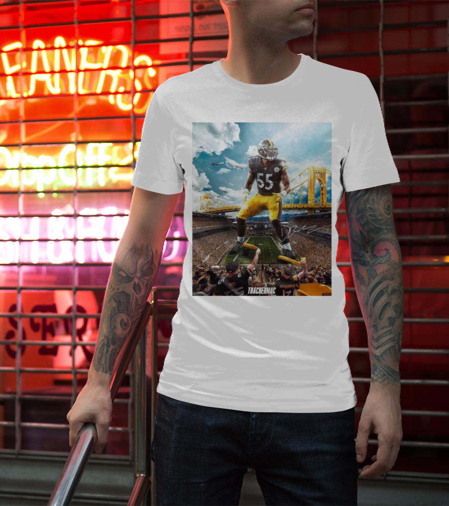Thachermac Pittsburgh Steelers 55 Player In Stadium With Signature And Bridge Background T-Shirt