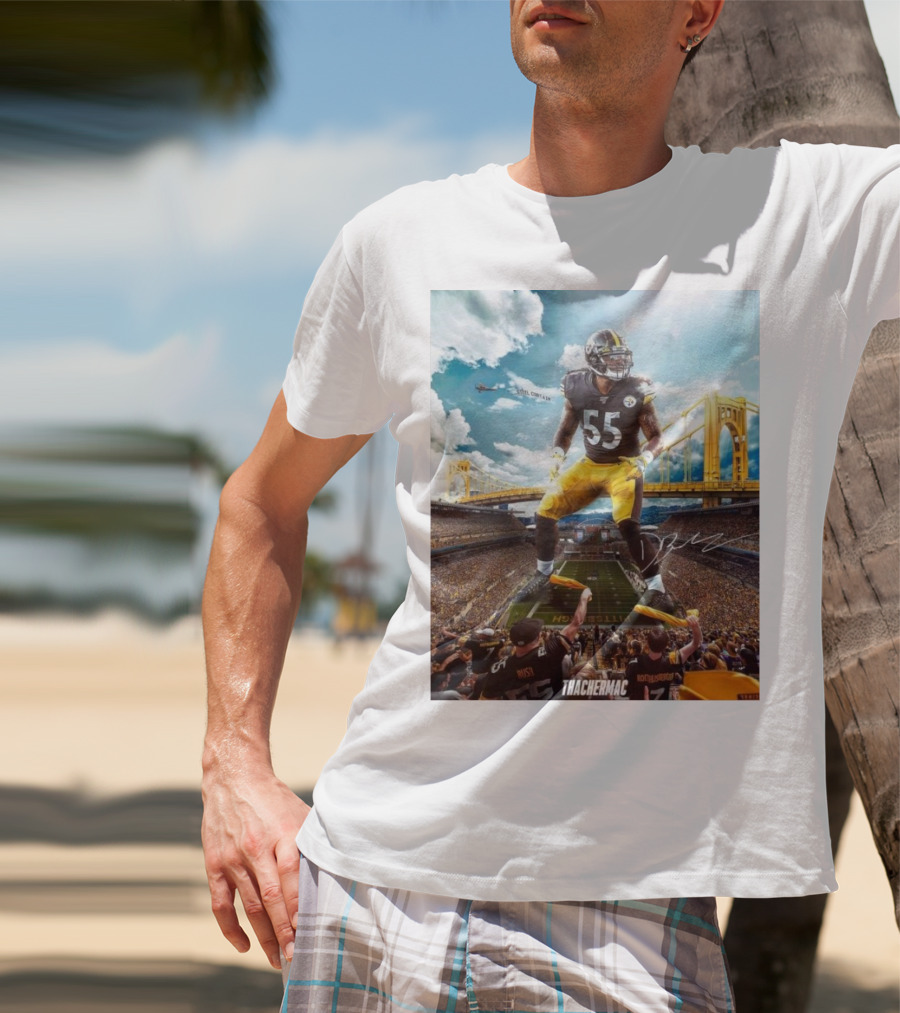 Thachermac Pittsburgh Steelers 55 Player In Stadium With Signature And Bridge Background T-Shirt