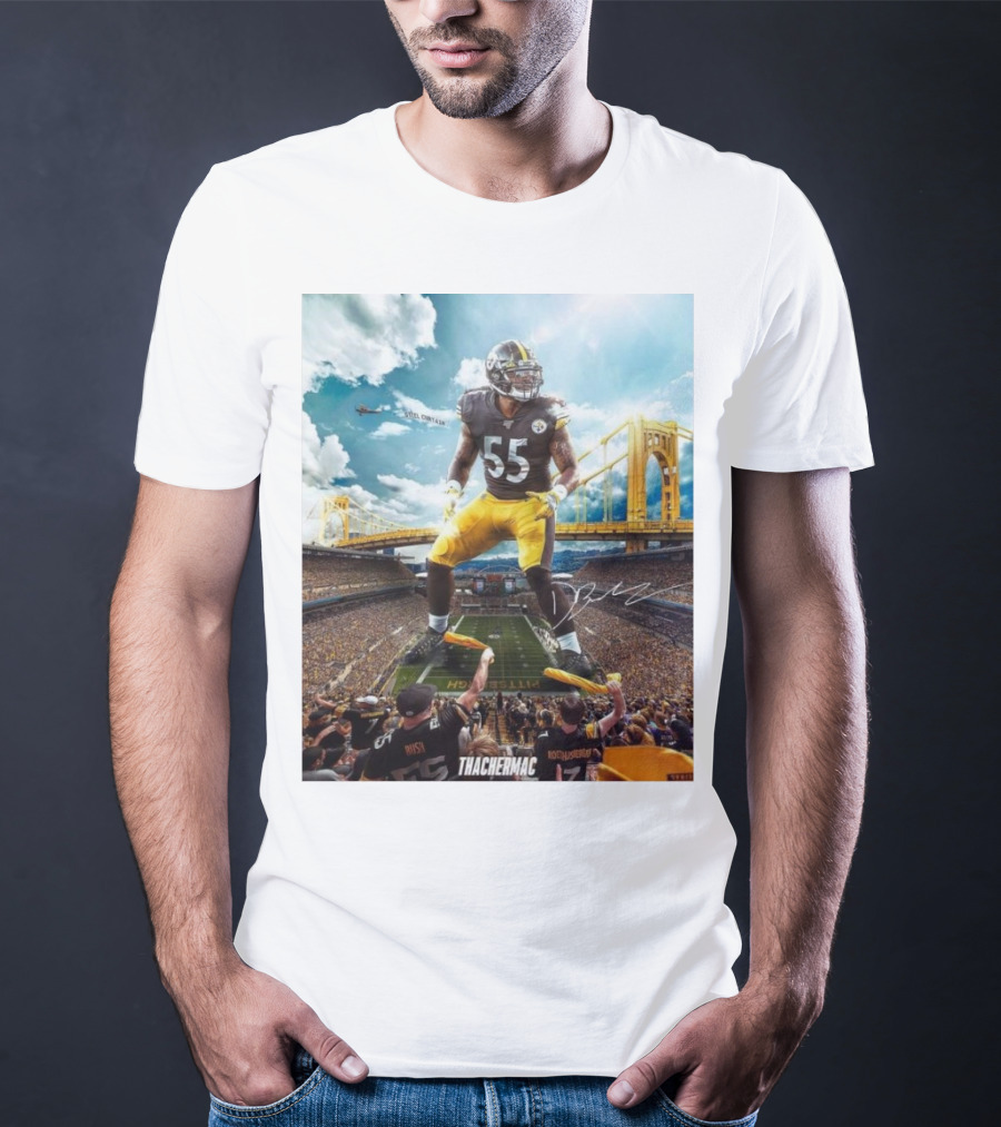 Thachermac Pittsburgh Steelers 55 Player In Stadium With Signature And Bridge Background T-Shirt