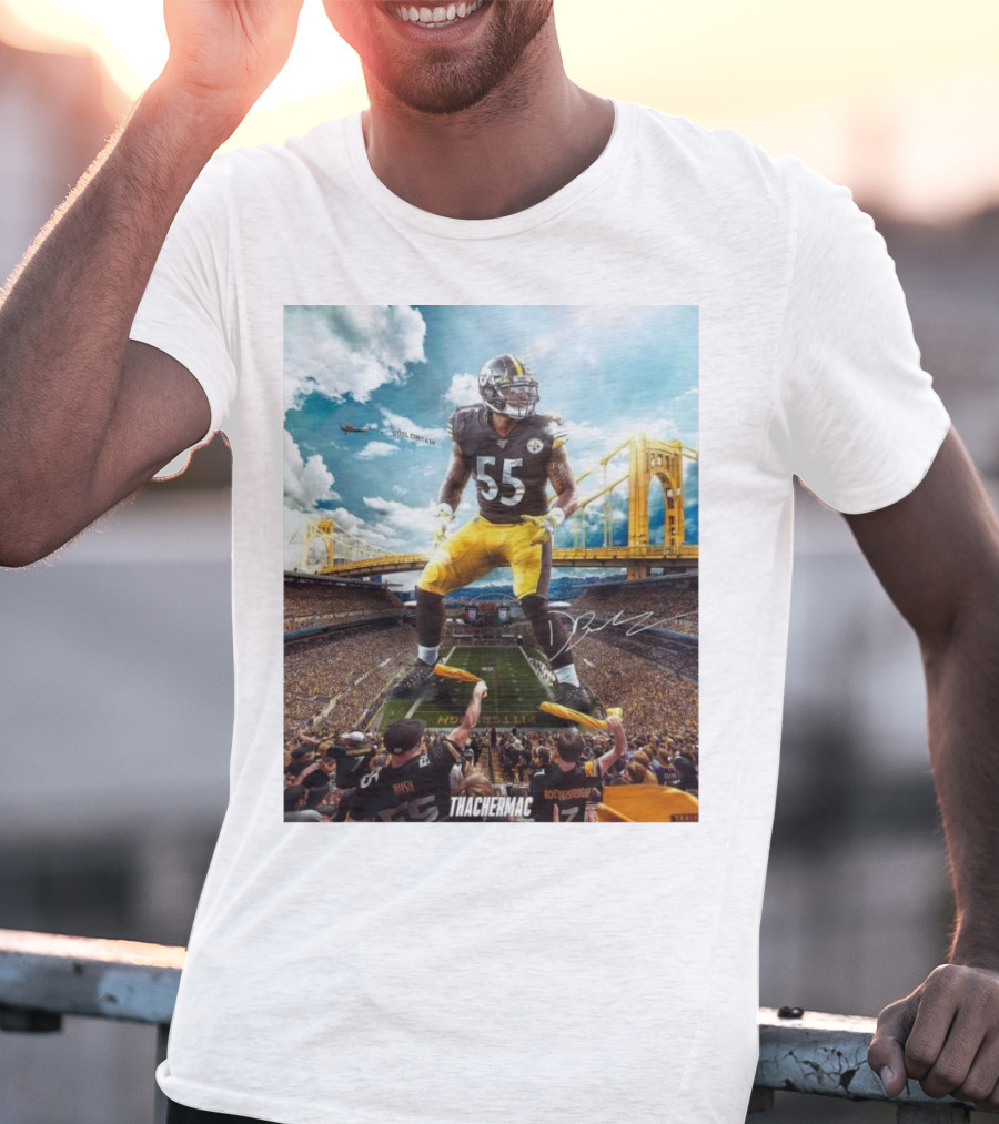 Thachermac Pittsburgh Steelers 55 Player In Stadium With Signature And Bridge Background T-Shirt