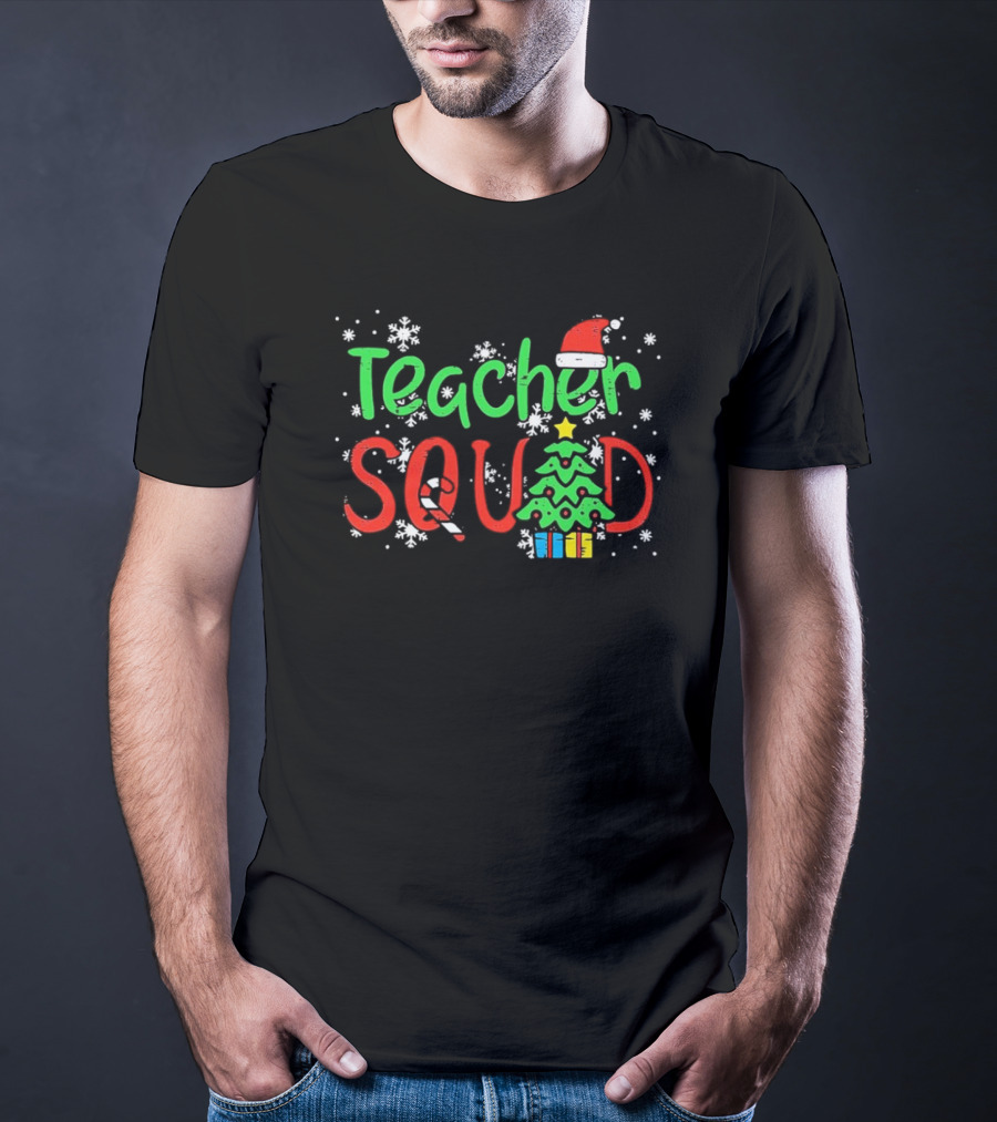 Teacher Squad Christmas Tree Candy Cane Santa Hat Snowflakes T-Shirt