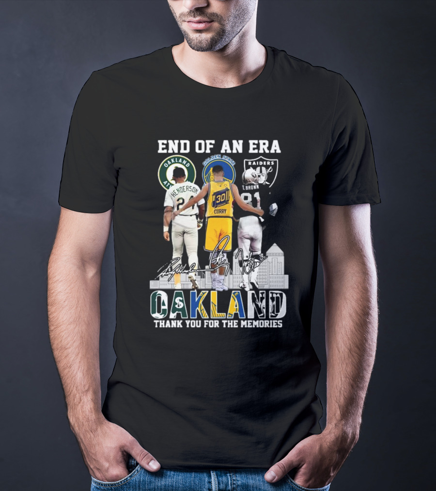 End Of An Era Oakland Henderson Curry Brown Thank You For The Memories Signatures T-Shirt