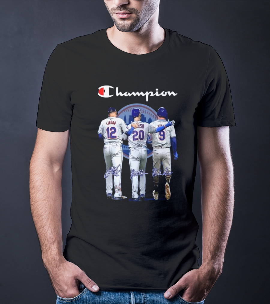 Champion New York Mets Lindor Alonso Nimmo Signatures Behind T-Shirt