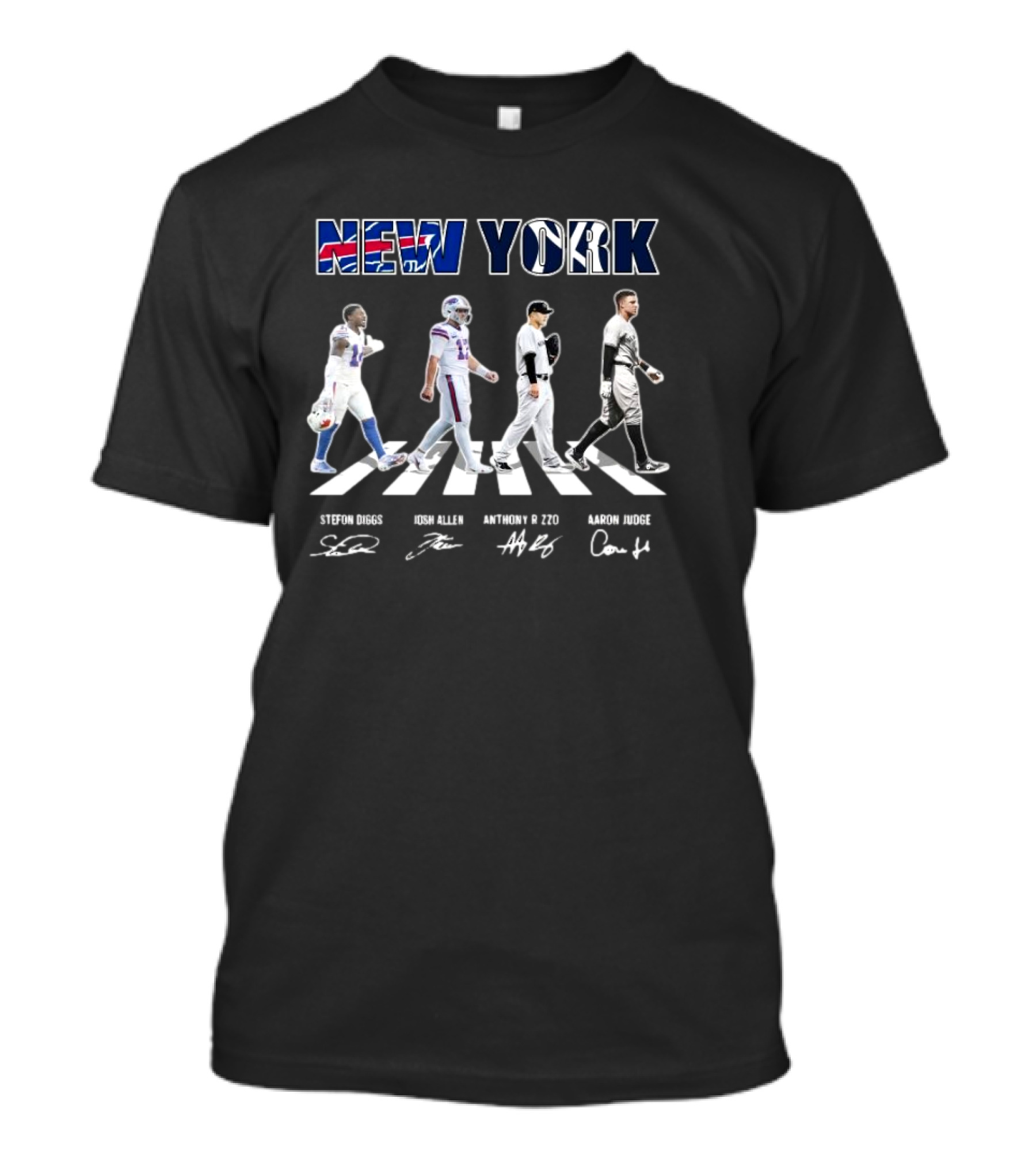 New York Teams Buffalo Bills Yankees Stefon Diggs Josh Allen Anthony Rizzo Aaron Judge Walking Signatures T-Shirt