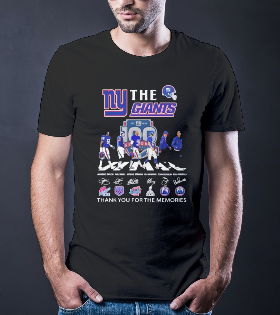 NY Giants 100 Seasons Abbey Road Lawrence Taylor Phil Simms Michael Strahan Eli Manning Tom Coughlin Bill Parcells Signatures Thank You For The Memories T-Shirt