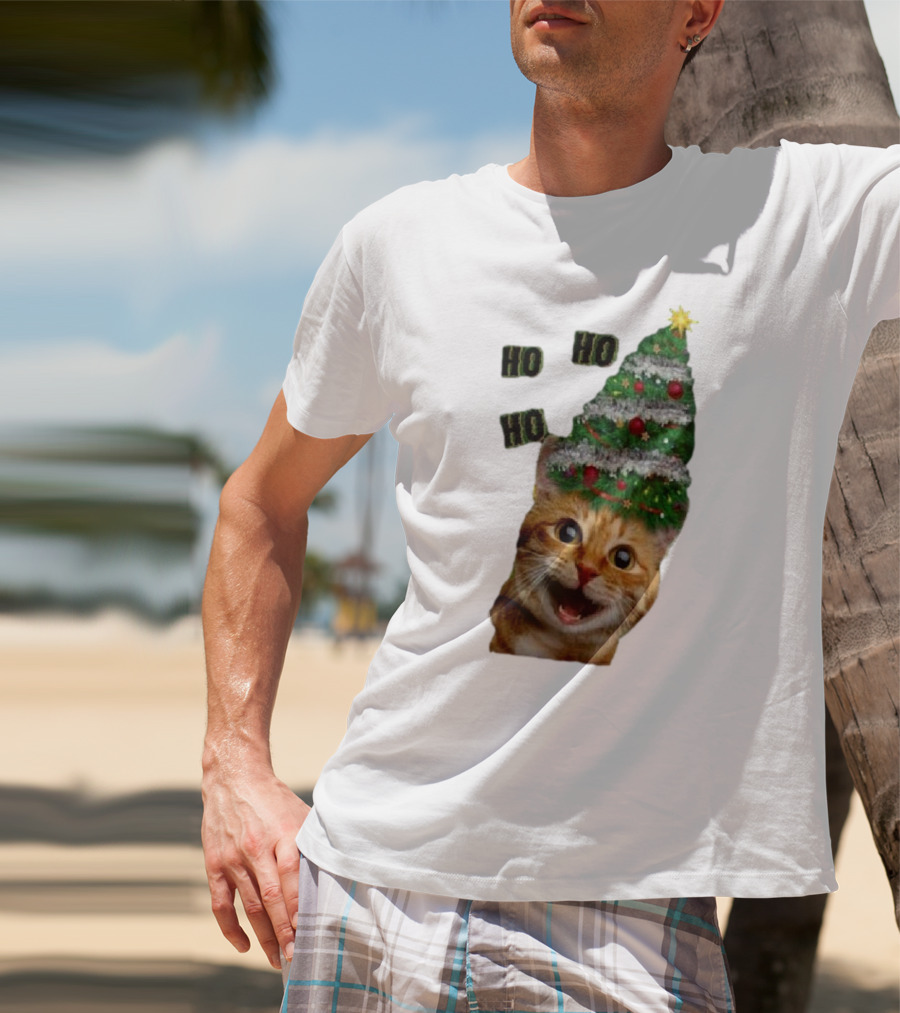 Cat With Christmas Tree Hat Ho Ho Ho Christmas T-Shirt