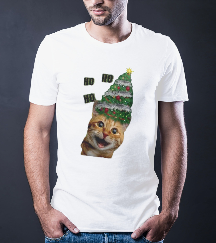 Cat With Christmas Tree Hat Ho Ho Ho Christmas T-Shirt