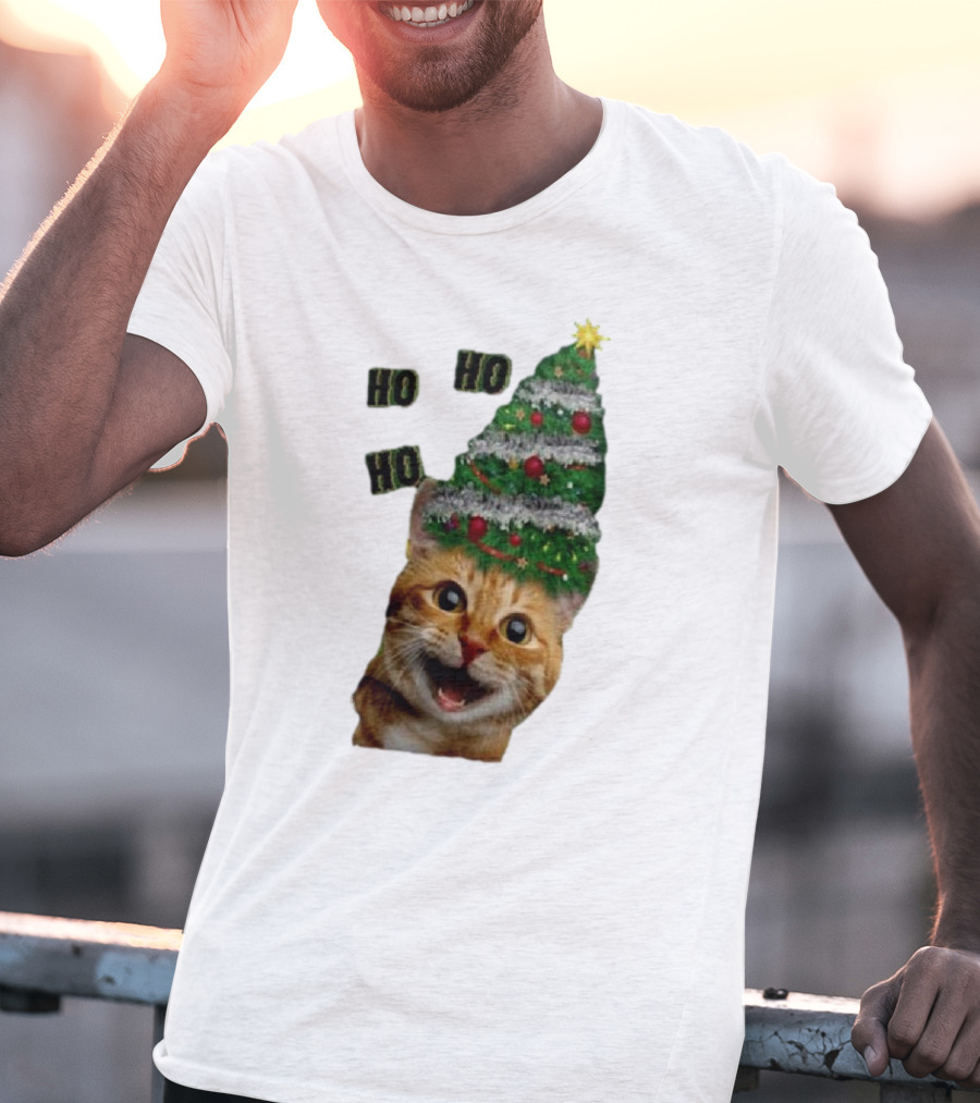 Cat With Christmas Tree Hat Ho Ho Ho Christmas T-Shirt