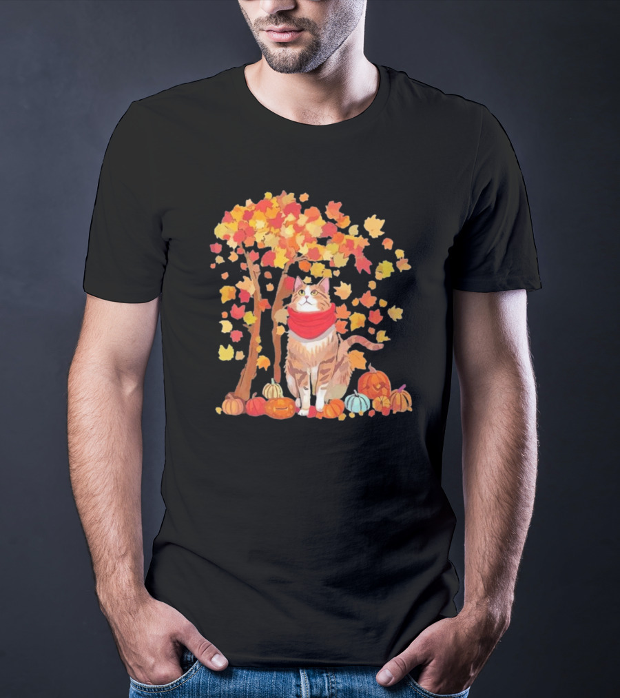 ItS Fall YAll Cat Leaf Fall Tree Hello Autumn Thanksgiving Pumpkin Scarf T-Shirt