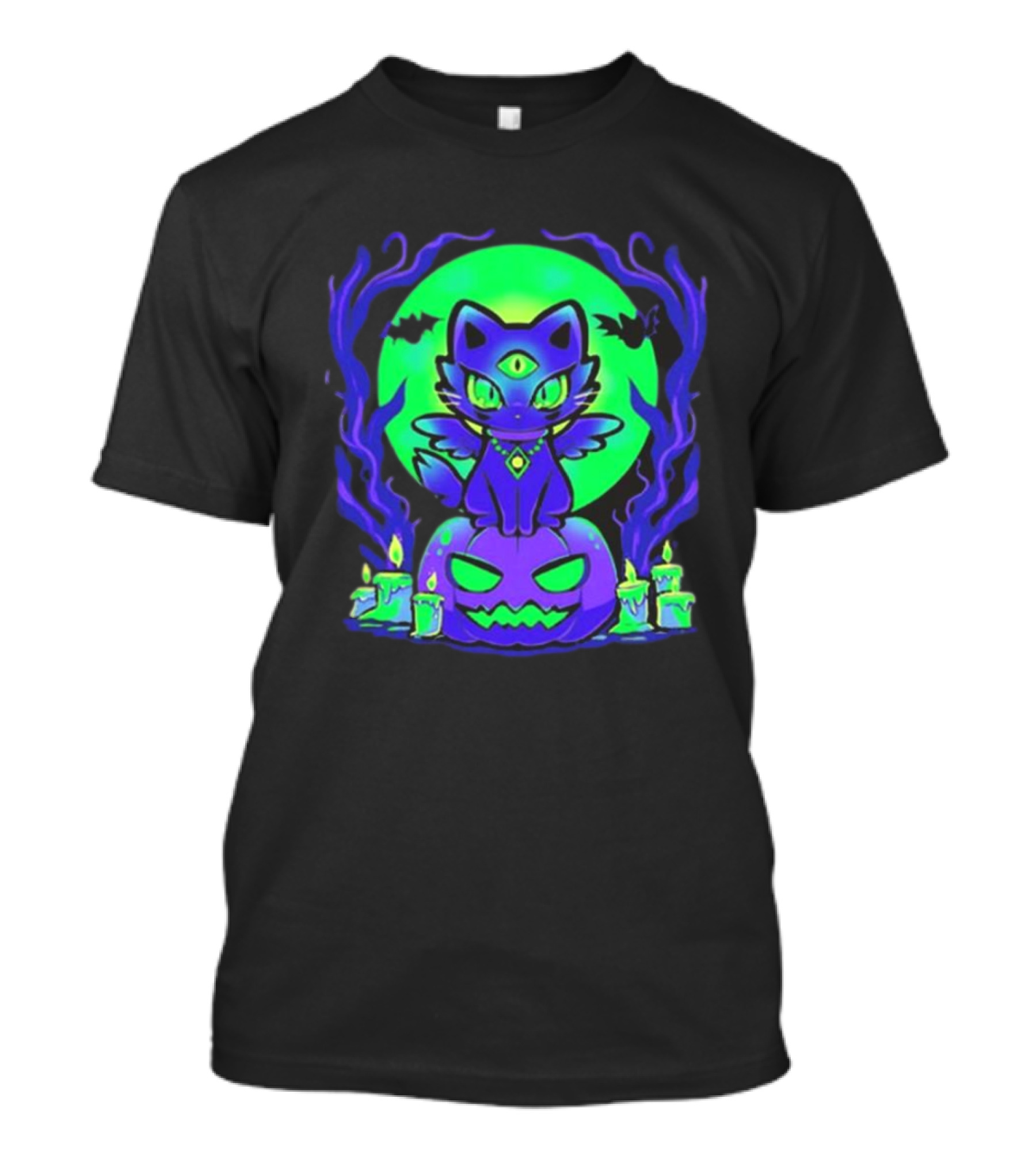 Spooky Moonlit Cat With Glowing Pumpkins And Bats T-Shirt