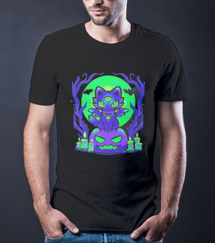 Spooky Moonlit Cat With Glowing Pumpkins And Bats T-Shirt