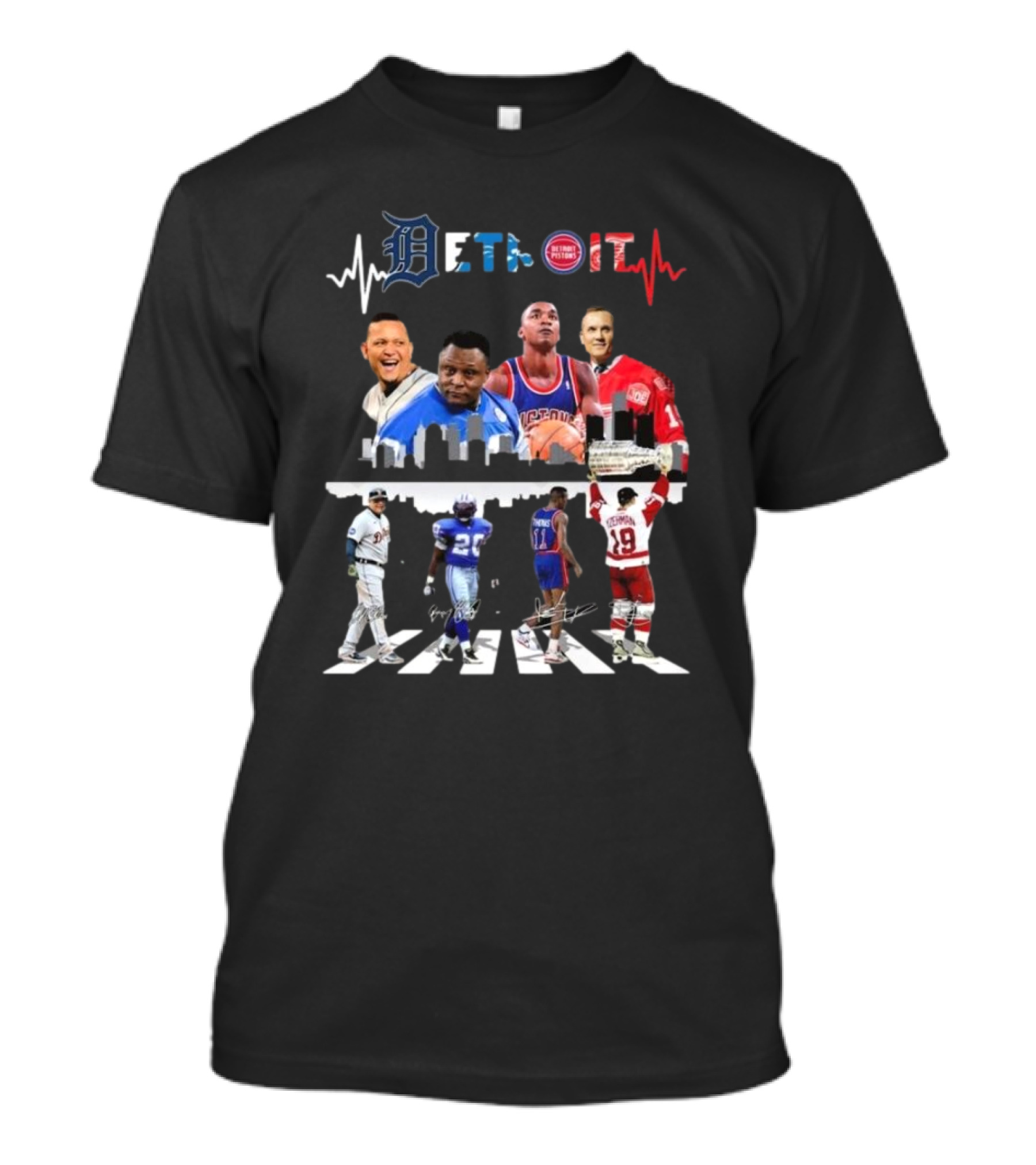 Detroit Tigers Lions Pistons Red Wings Legends Signatures Detroit Skyline Abbey Road T-Shirt