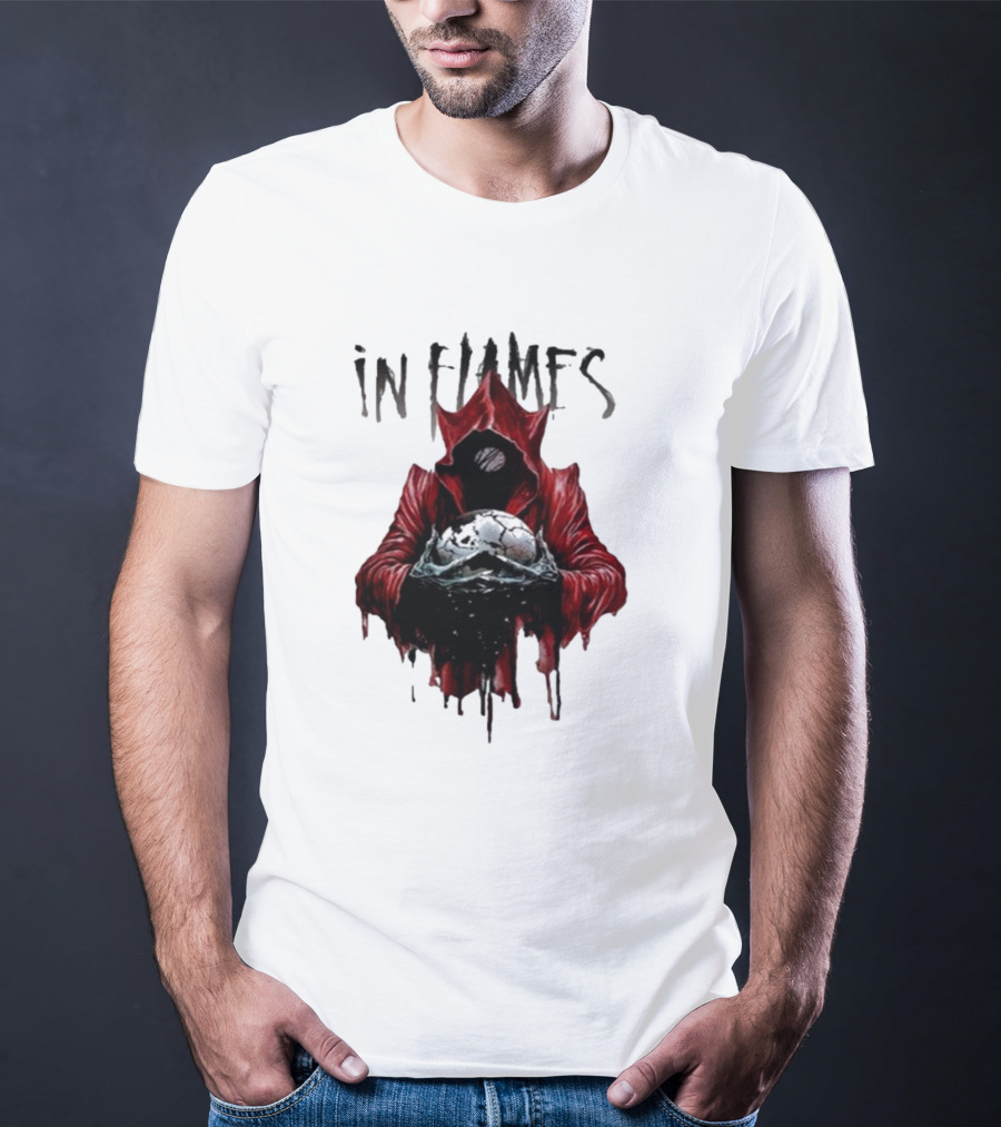 In Flames Siren Charms Red Hooded Figure Holding Cracked Mask T-Shirt