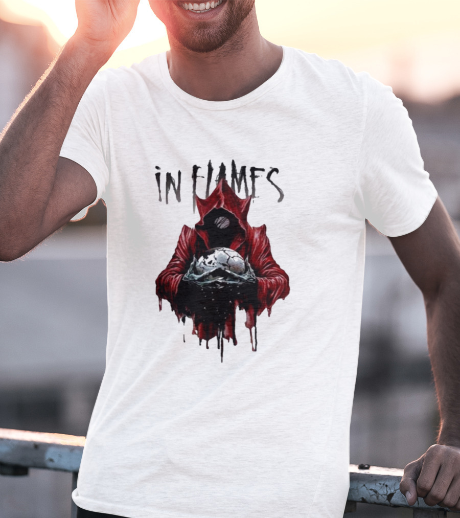 In Flames Siren Charms Red Hooded Figure Holding Cracked Mask T-Shirt