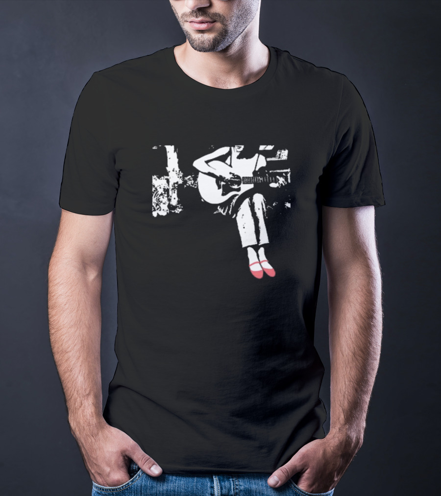 Devon Gabriella Playing Acoustic Guitar Black And White Contrast Red Shoes T-Shirt