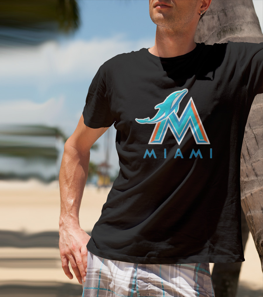 NFL X MLB Miami Dolphins X Miami Marlins M Logo Mashup Miami T-Shirt
