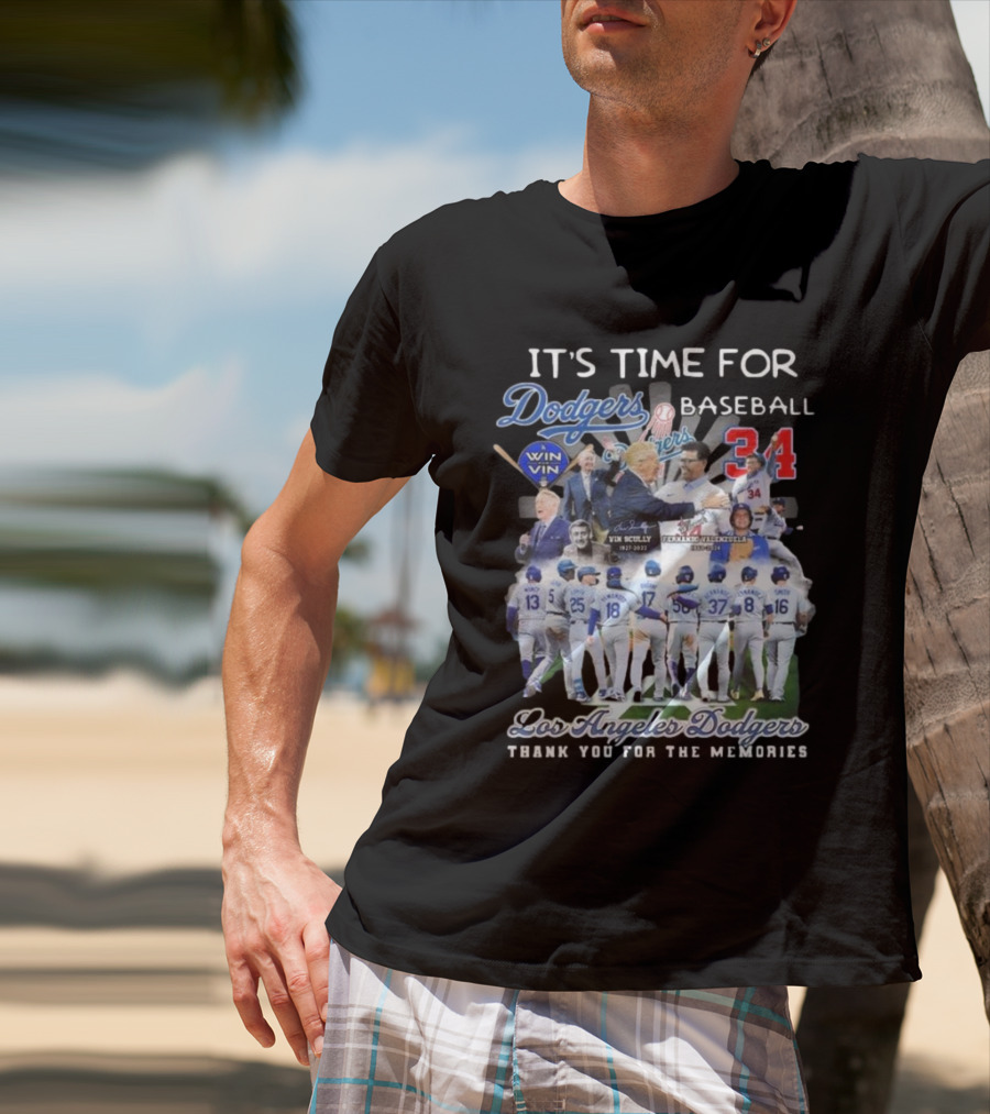 Los Angeles Dodgers It's Time For Baseball Thank You For The Memories Vin Scully 34 Signatures T-Shirt