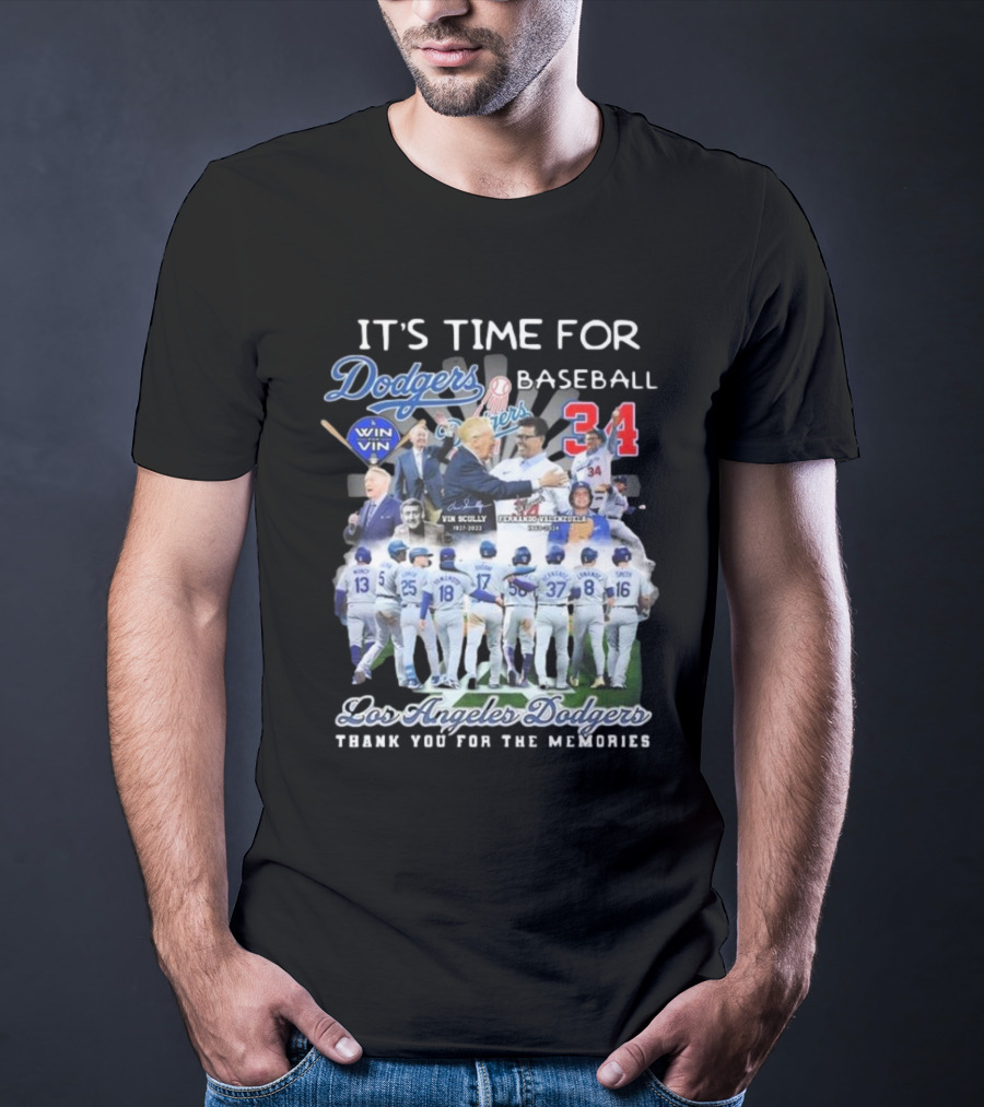 Los Angeles Dodgers It's Time For Baseball Thank You For The Memories Vin Scully 34 Signatures T-Shirt