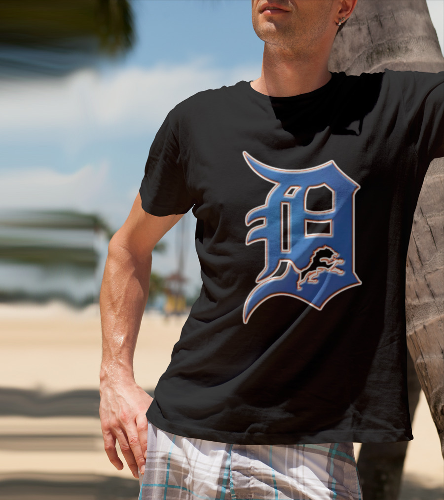 Detroit Lions Tigers Logo Mashup NFL MLB Blue D T-Shirt