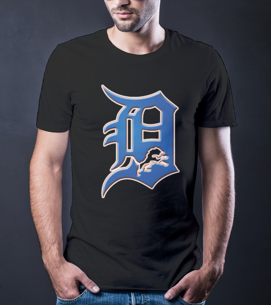 Detroit Lions Tigers Logo Mashup NFL MLB Blue D T-Shirt