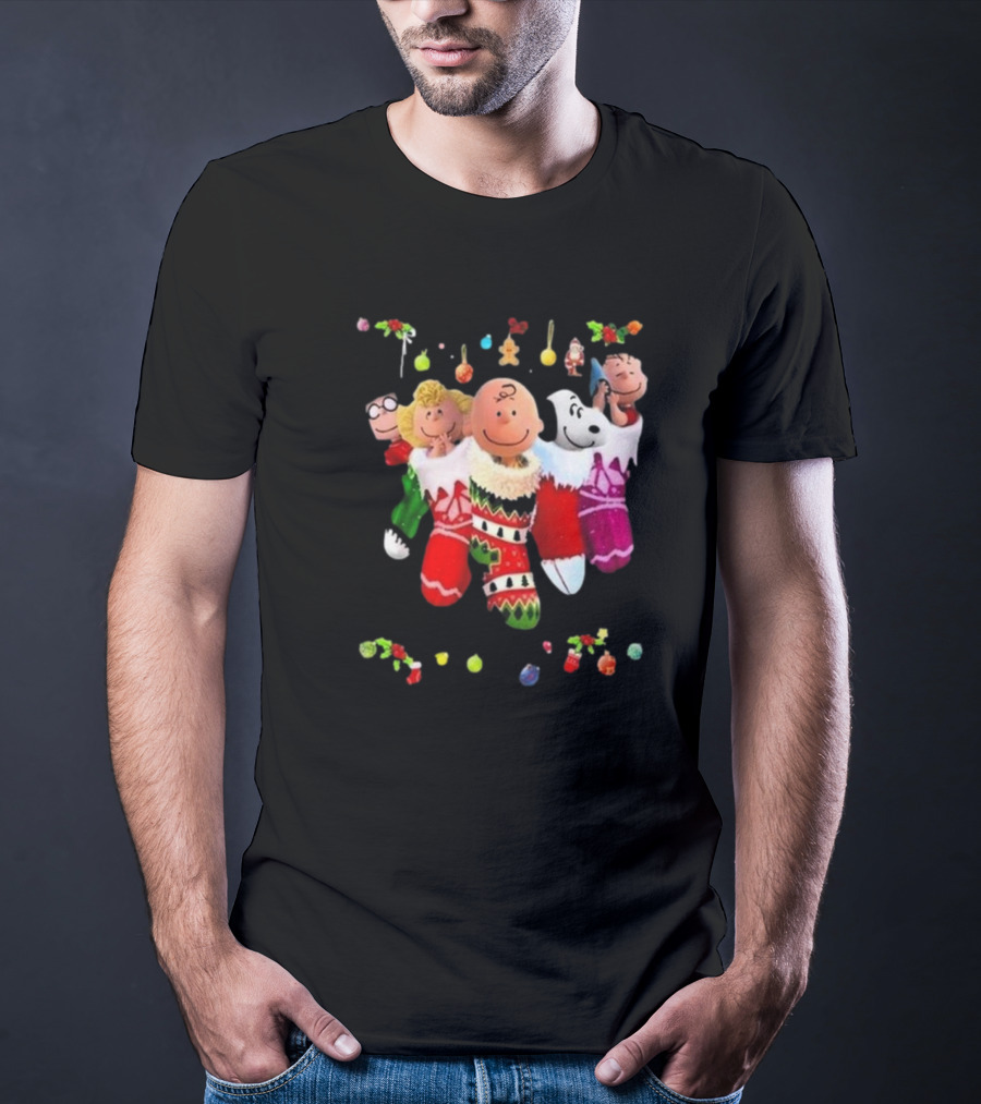 Peanuts Snoopy Charlie Brown Christmas Stockings Santa Claus Friends Holiday Cheer T-Shirt