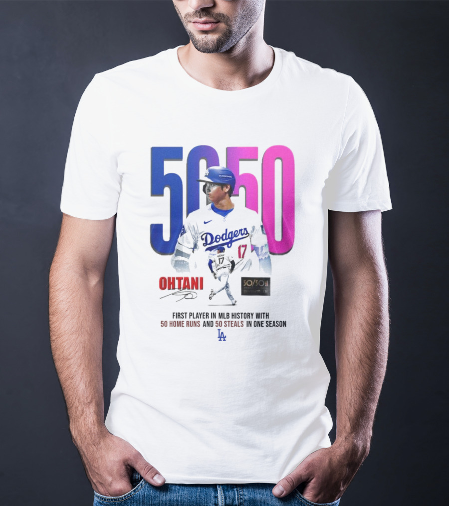 Los Angeles Dodgers Shohei Ohtani 50/50 First Player In MLB History With 50 Home Runs And 50 Steals In One Season T-Shirt