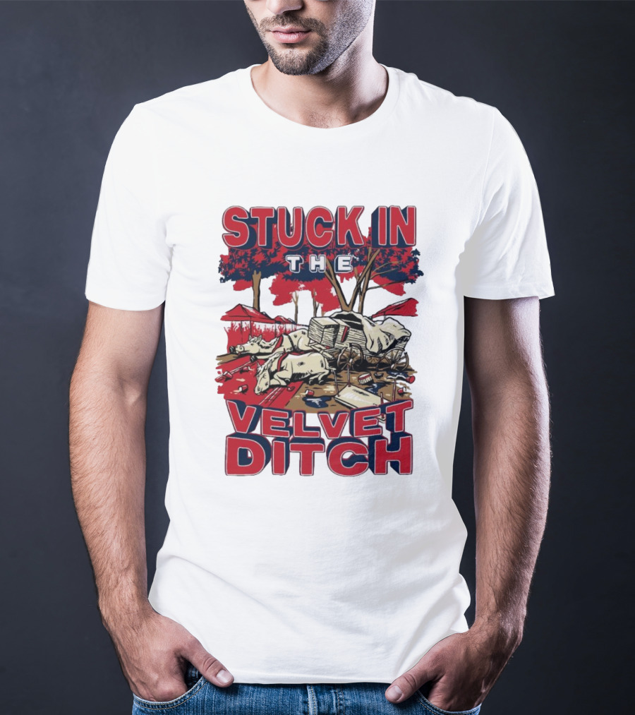 Stuck In The Velvet Ditch Ole Miss Rebels Wagon Red Blue Trees T-Shirt