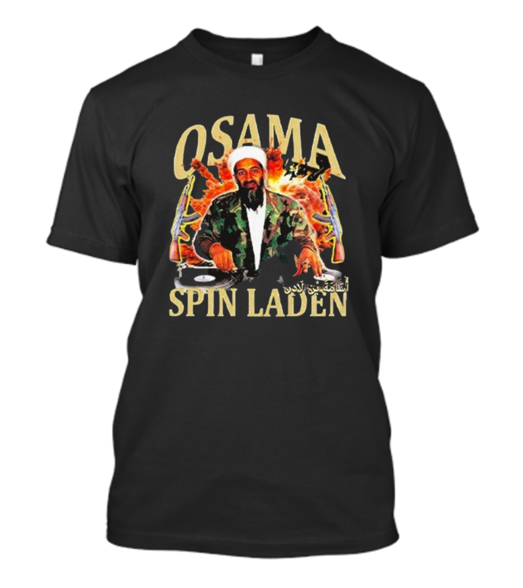 Osama Spin Laden DJ Guns Arabic Text T-Shirt
