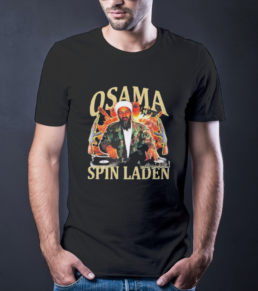 Osama Spin Laden DJ Guns Arabic Text T-Shirt