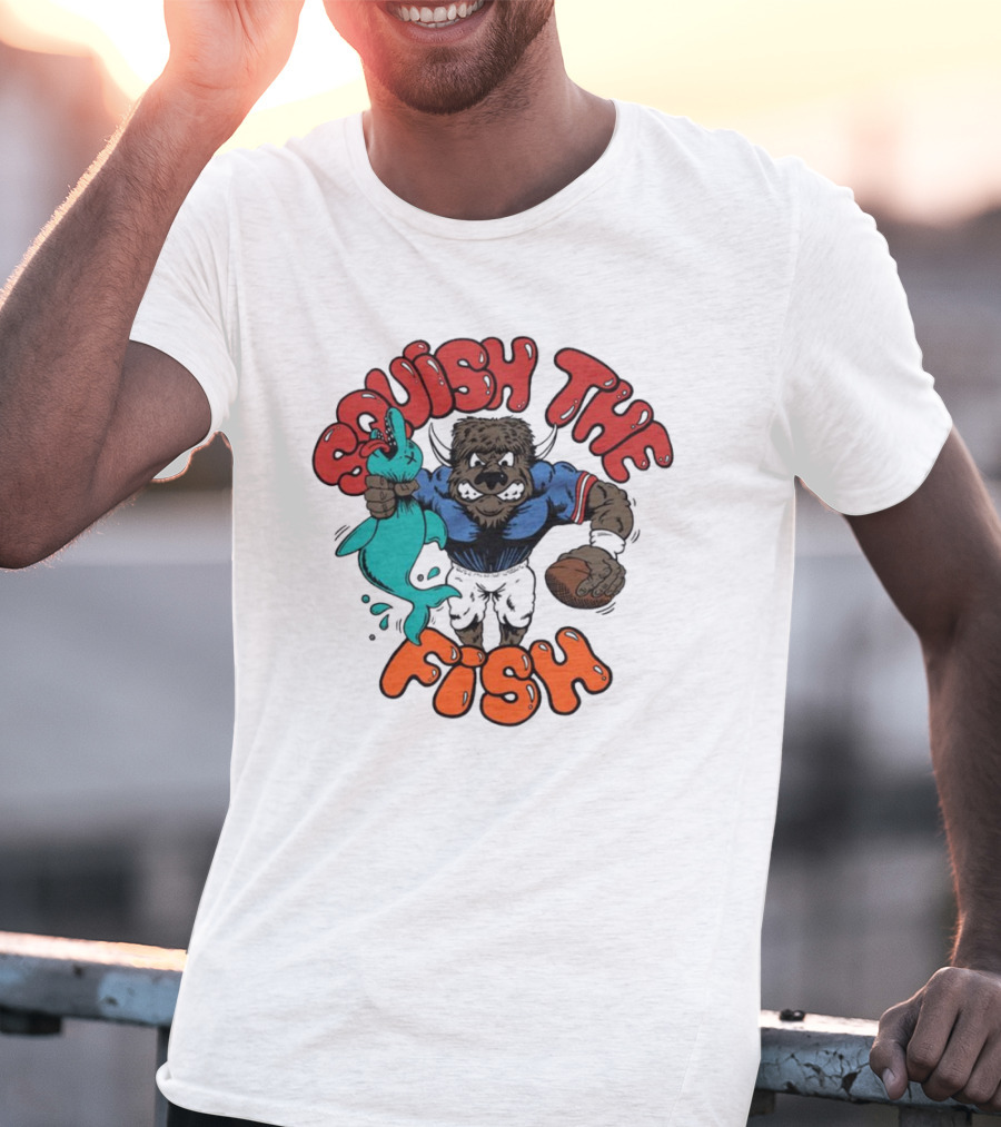 Buffalo Bills NFL Squish The Fish Vintage Rivalry Graphic Featuring Cartoon Football Player And Fish T-Shirt