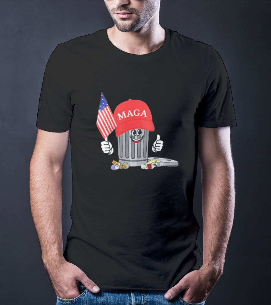 MAGA Hat Wearing Garbage Can Giving Thumbs Up Holding American Flag T-Shirt