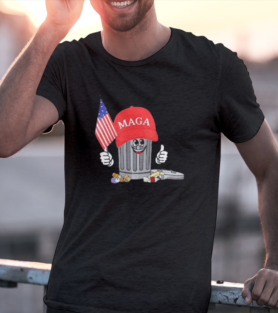 MAGA Hat Wearing Garbage Can Giving Thumbs Up Holding American Flag T-Shirt