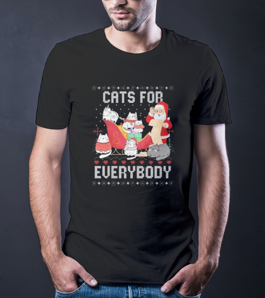 Cats For Everybody Christmas Ugly Cute Cat Lover Santa Sleigh Pullover T-Shirt