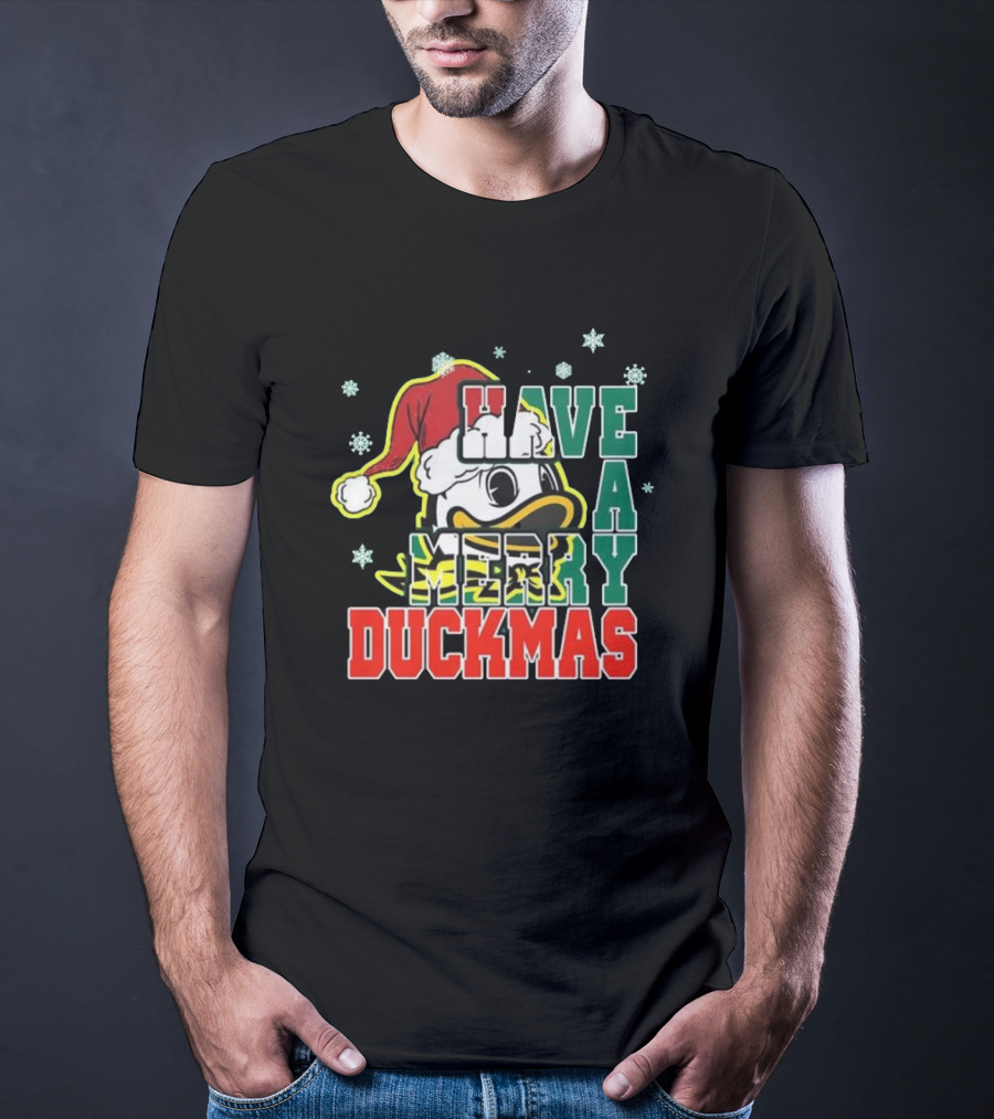 Oregon Ducks Have A Merry Duckmas Santa Hat Logo Snowflakes T-Shirt