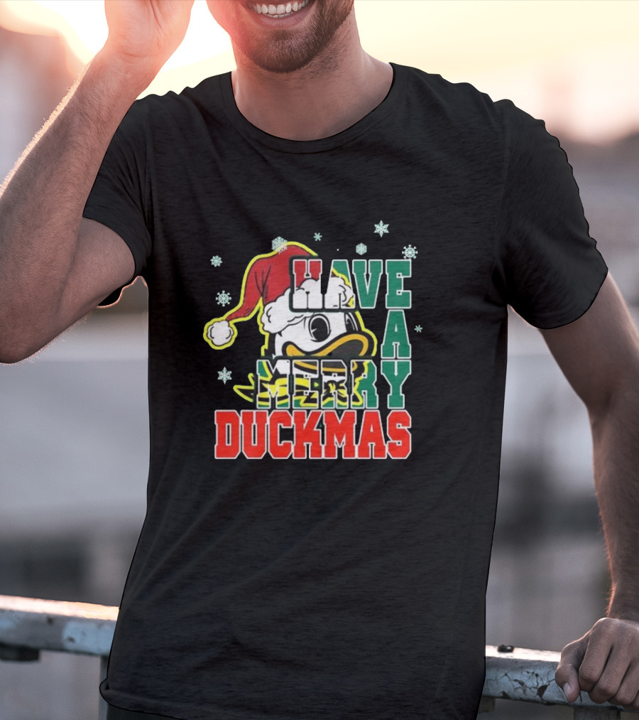 Oregon Ducks Have A Merry Duckmas Santa Hat Logo Snowflakes T-Shirt