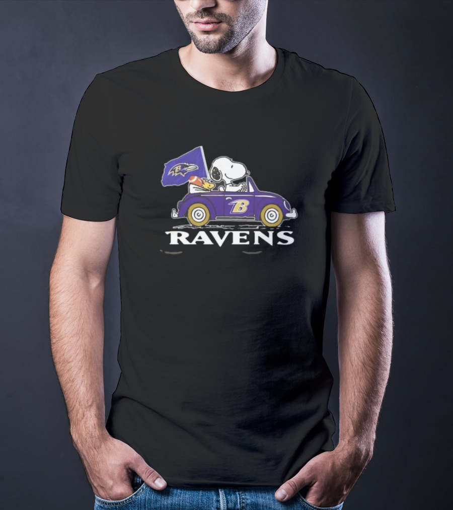 Snoopy Woodstock Driving Baltimore Ravens Car T-Shirt