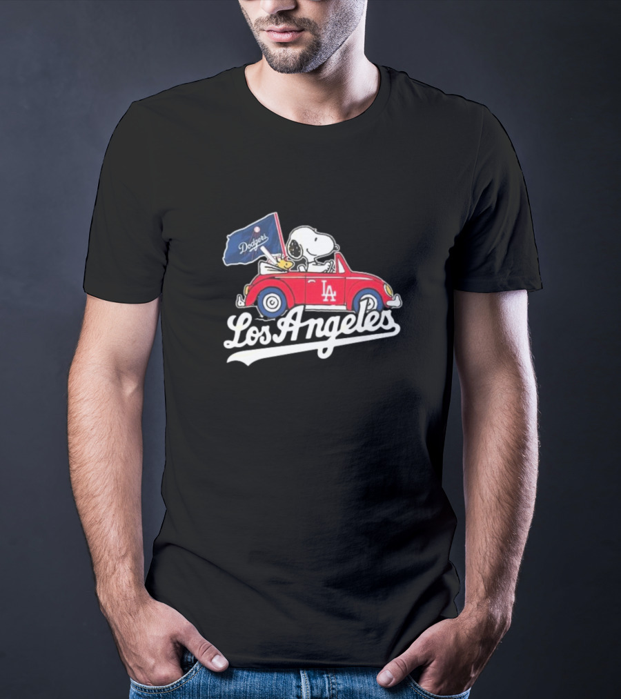 Snoopy Woodstock Driving Car Los Angeles Dodgers Flag T-Shirt