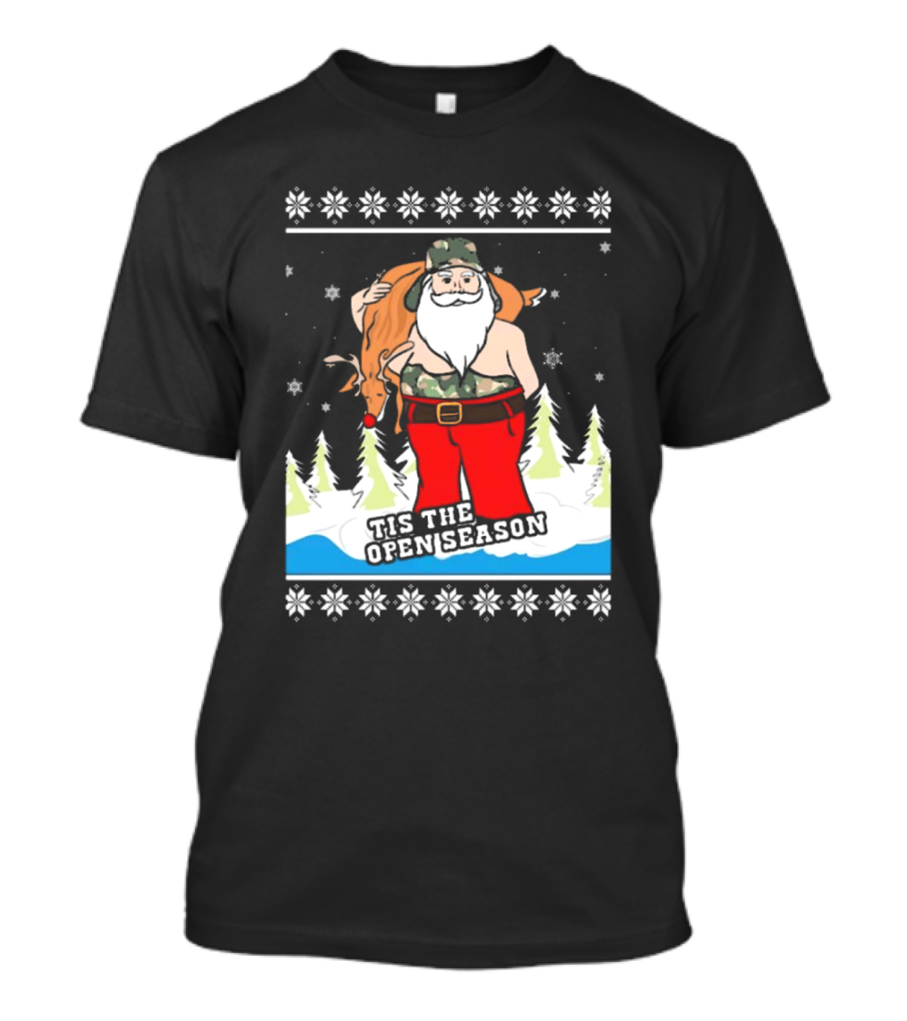 Hunting Santa Tis The Open Season Camouflage Ugly Christmas Sweaters T-Shirt