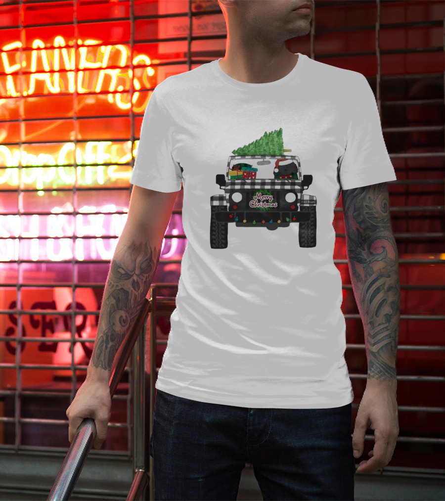 Merry Christmas Black Buffalo Plaid Jeep With Cartoon Labradoodle And Tree T-Shirt