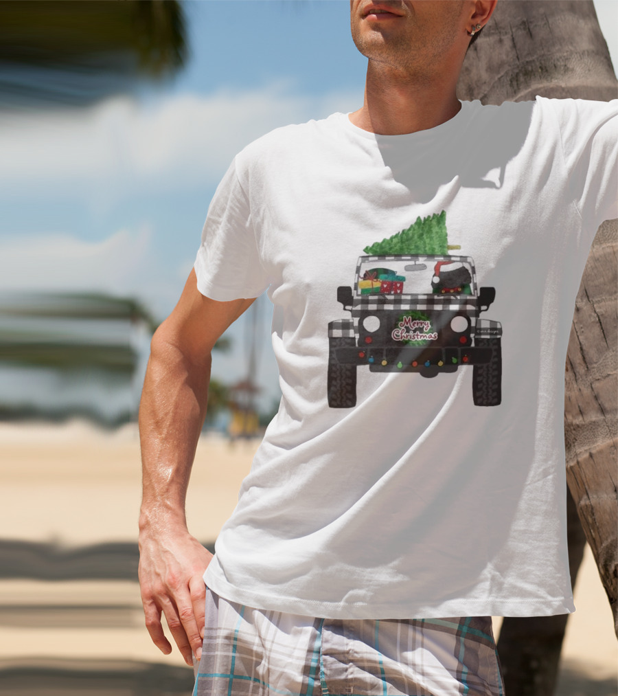Merry Christmas Black Buffalo Plaid Jeep With Cartoon Labradoodle And Tree T-Shirt