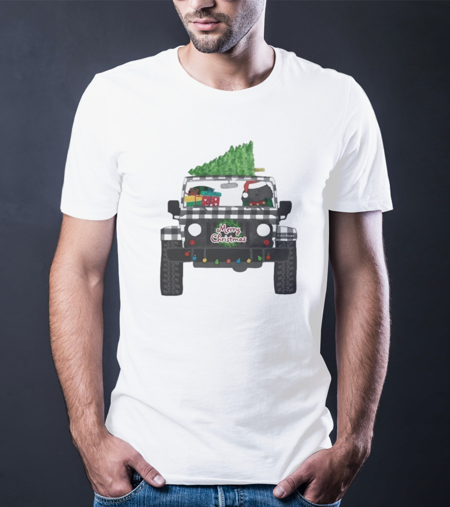 Merry Christmas Black Buffalo Plaid Jeep With Cartoon Labradoodle And Tree T-Shirt